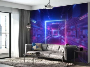 Outlet Futuristisch neon verlichte tunnel fotobehang Computerkamer | 3d