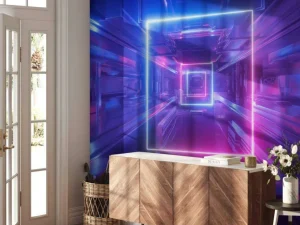 Outlet Futuristisch neon verlichte tunnel fotobehang Computerkamer | 3d