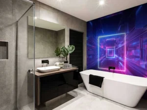 Outlet Futuristisch neon verlichte tunnel fotobehang Computerkamer | 3d