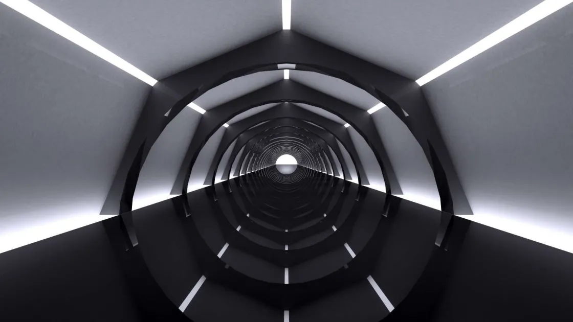 futuristische_tunnel_met__0.webp Clearance Futuristische tunnel met reflecterende vloer fotobehang Tienerkamer | 3d