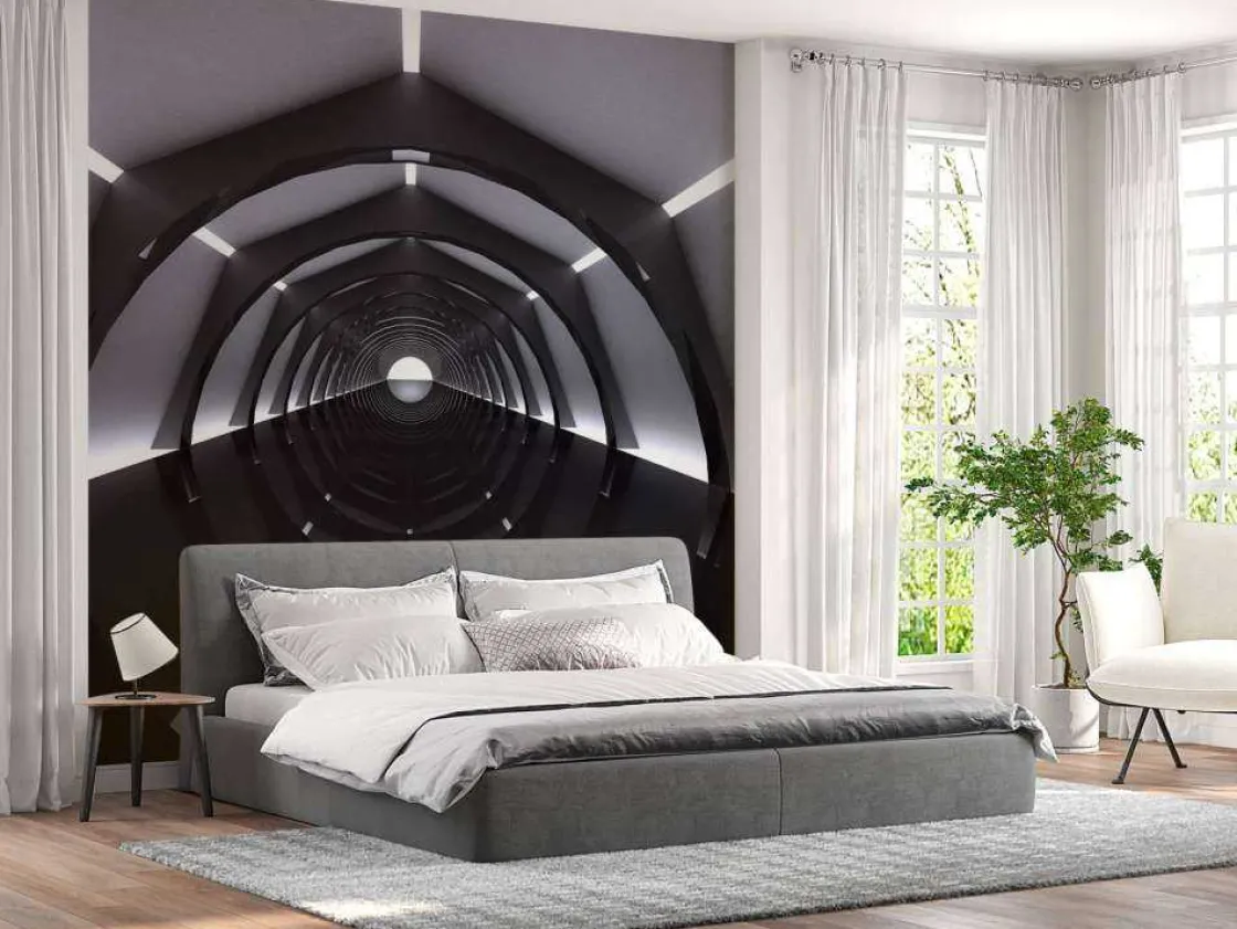 futuristische_tunnel_met__1.webp Clearance Futuristische tunnel met reflecterende vloer fotobehang Tienerkamer | 3d