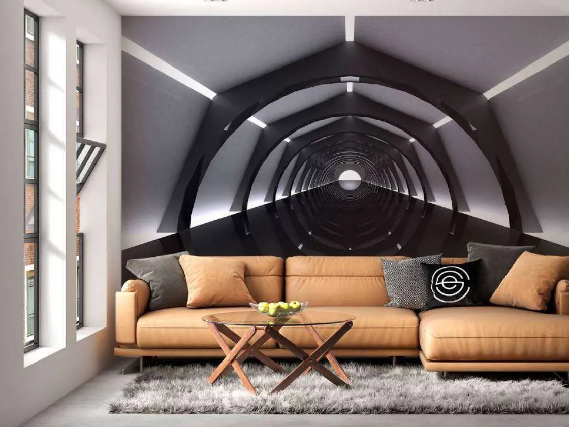 futuristische_tunnel_met__10.webp Clearance Futuristische tunnel met reflecterende vloer fotobehang Tienerkamer | 3d