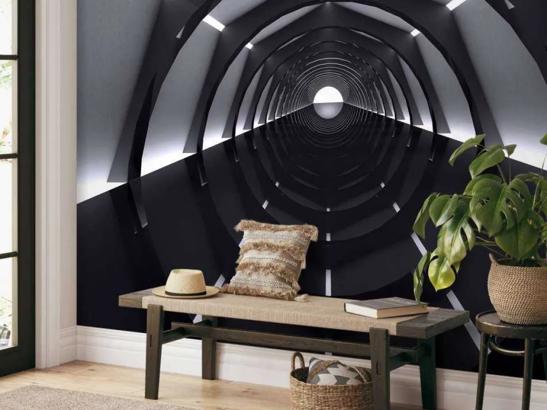futuristische_tunnel_met__4.webp Clearance Futuristische tunnel met reflecterende vloer fotobehang Tienerkamer | 3d