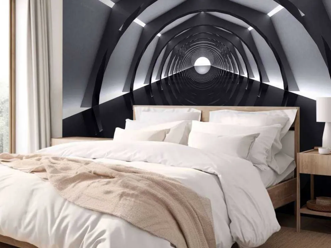 futuristische_tunnel_met__9.webp Clearance Futuristische tunnel met reflecterende vloer fotobehang Tienerkamer | 3d