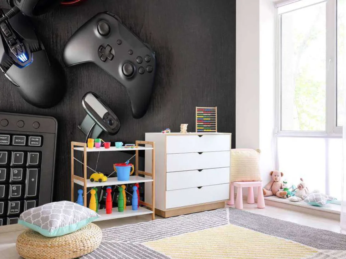 game_accessoires_fotobeha_1.webp Clearance Game accessoires fotobehang Tienerkamer | Computerkamer
