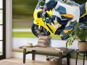 Best Gele motor maakt een scherpe bocht fotobehang Tienerkamer | Transport