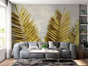 Outlet Gele palmboom bladeren fotobehang Bloemen
