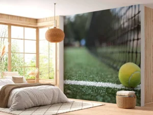 Discount Gele tennisbal tegen het net aan fotobehang Tienerkamer | Kinderkamer