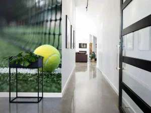 Discount Gele tennisbal tegen het net aan fotobehang Tienerkamer | Kinderkamer