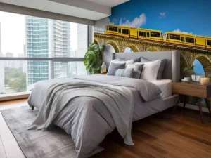 Sale Gele trein op een viaduct in Frankrijk fotobehang Transport | Architectuur