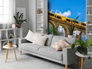 Sale Gele trein op een viaduct in Frankrijk fotobehang Transport | Architectuur