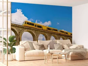 Sale Gele trein op een viaduct in Frankrijk fotobehang Transport | Architectuur