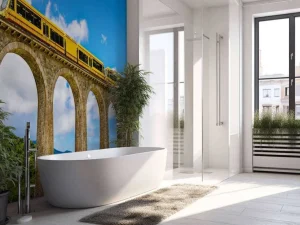 Sale Gele trein op een viaduct in Frankrijk fotobehang Transport | Architectuur