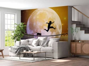 Discount Gelukkige tiener en kat op een koord langs de maan fotobehang Kinderkamer