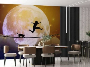 Discount Gelukkige tiener en kat op een koord langs de maan fotobehang Kinderkamer