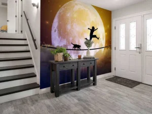Discount Gelukkige tiener en kat op een koord langs de maan fotobehang Kinderkamer