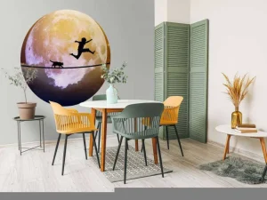 Discount Gelukkige tiener en kat op een koord langs de maan fotobehang Kinderkamer