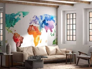 Sale Getekende aquarel wereldkaart fotobehang Hobbykamer