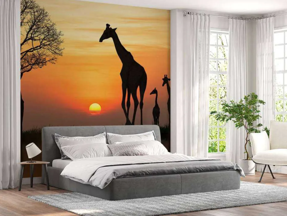 giraffe_achtergrond_met_z_1.webp Hot Giraffe achtergrond met zonsondergang fotobehang Dieren