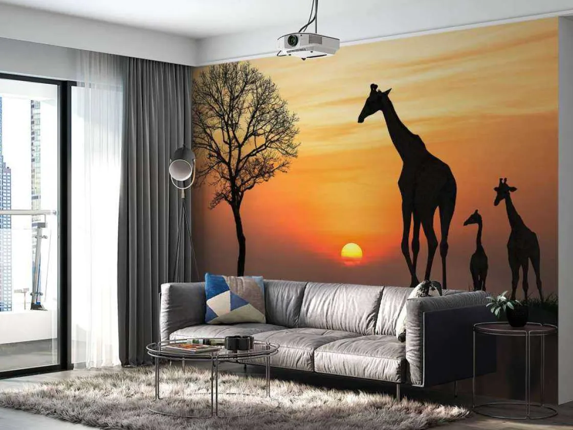 giraffe_achtergrond_met_z_10.webp Hot Giraffe achtergrond met zonsondergang fotobehang Dieren