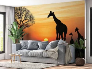 Hot Giraffe achtergrond met zonsondergang fotobehang Dieren