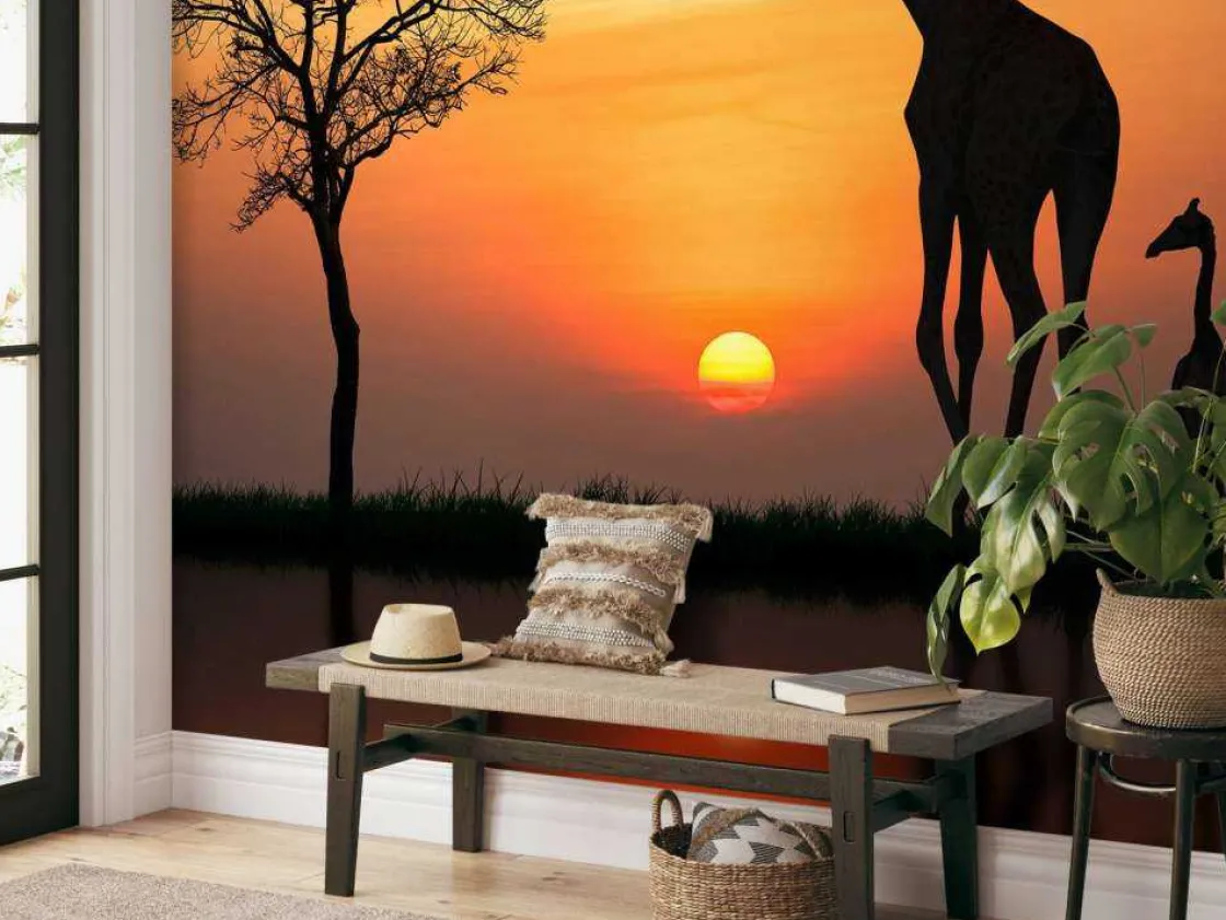 giraffe_achtergrond_met_z_4.webp Hot Giraffe achtergrond met zonsondergang fotobehang Dieren