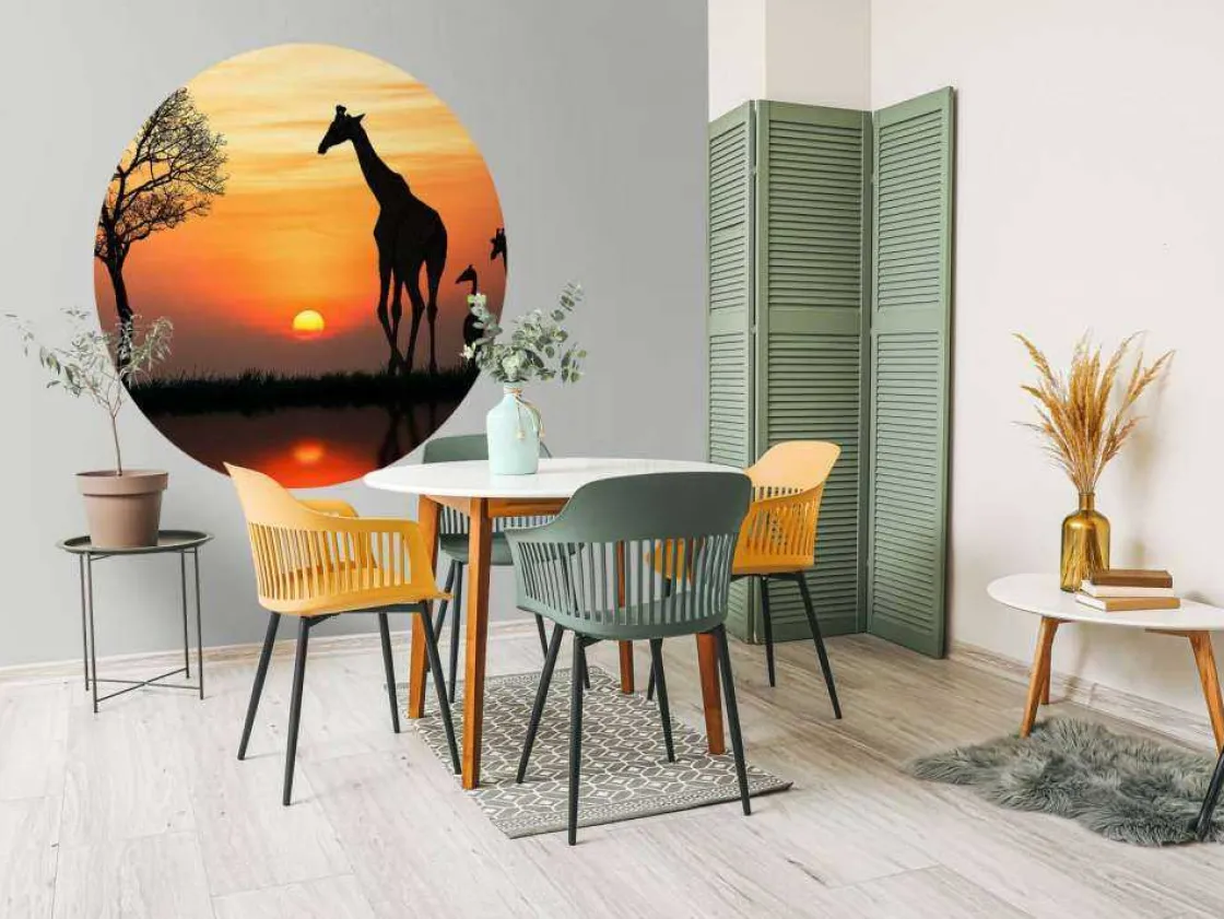 giraffe_achtergrond_met_z_6.webp Hot Giraffe achtergrond met zonsondergang fotobehang Dieren