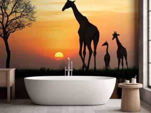 Hot Giraffe achtergrond met zonsondergang fotobehang Dieren