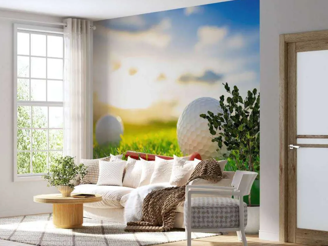 golfballen_met_houder_op__10.webp New Golfballen met houder op kunstgras fotobehang Kinderkamer | Sport