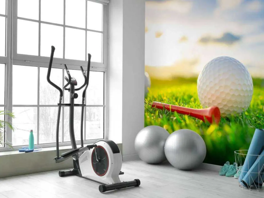 golfballen_met_houder_op__7.webp New Golfballen met houder op kunstgras fotobehang Kinderkamer | Sport