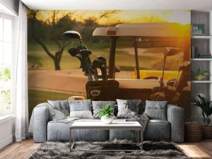 Discount Golfwagen bij zonsondergang fotobehang Sport