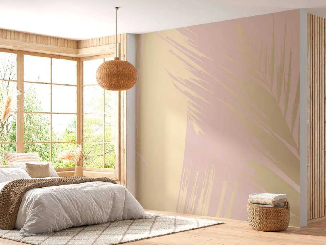 gouden_palmbladeren_met_e_1.webp Clearance Gouden palmbladeren met een roze achtergrond fotobehang Tienerkamer | Bloemen