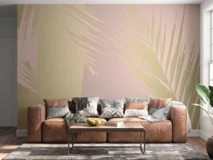 Clearance Gouden palmbladeren met een roze achtergrond fotobehang Tienerkamer | Bloemen