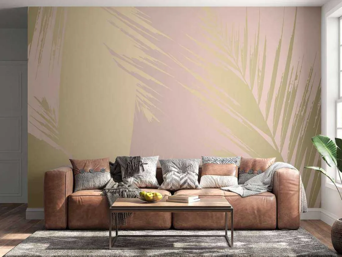 gouden_palmbladeren_met_e_10.webp Clearance Gouden palmbladeren met een roze achtergrond fotobehang Tienerkamer | Bloemen