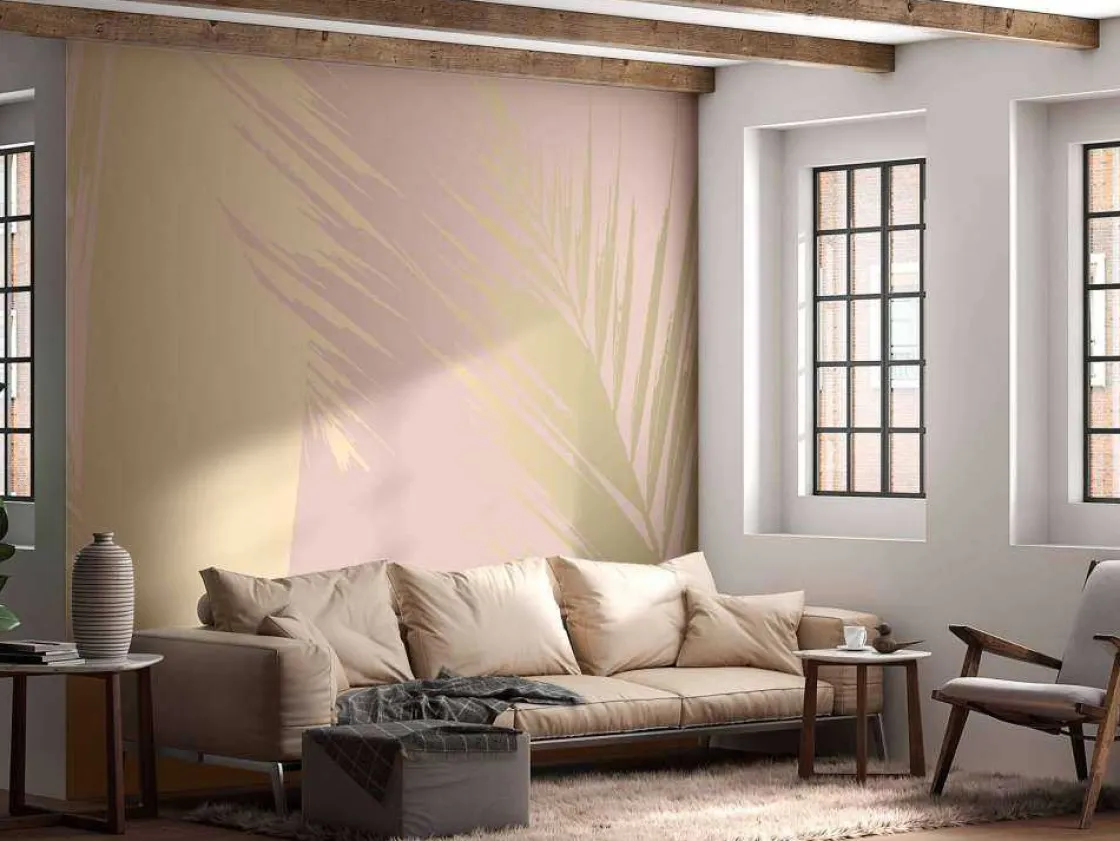 gouden_palmbladeren_met_e_2.webp Clearance Gouden palmbladeren met een roze achtergrond fotobehang Tienerkamer | Bloemen