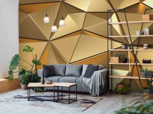 Online Gouden veelhoekig geometrisch oppervlak fotobehang 3d