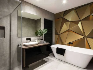 Online Gouden veelhoekig geometrisch oppervlak fotobehang 3d