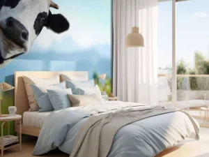Hot Grappige koe met berg op achtergrond fotobehang Dieren