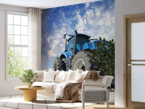 Outlet Grote blauwe tractor onder een bewolkte hemel fotobehang Tienerkamer | Kinderkamer