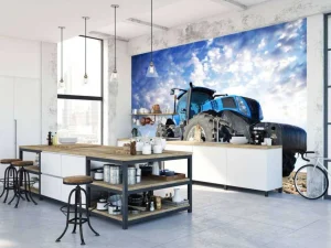 Outlet Grote blauwe tractor onder een bewolkte hemel fotobehang Tienerkamer | Kinderkamer