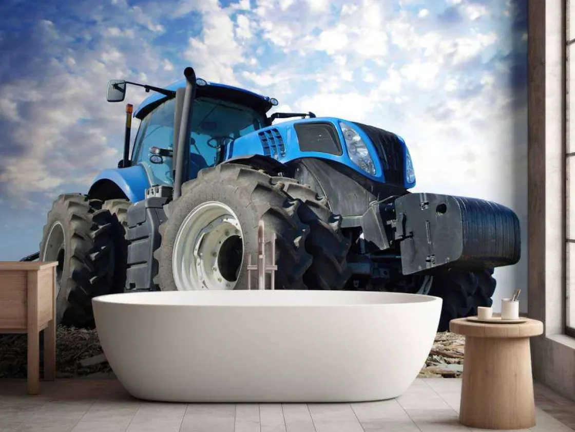 grote_blauwe_tractor_onde_7.webp Outlet Grote blauwe tractor onder een bewolkte hemel fotobehang Tienerkamer | Kinderkamer