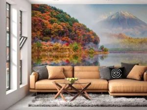 Best Helder blauw meer met een vulkaan op de achtergrond fotobehang Bloemen