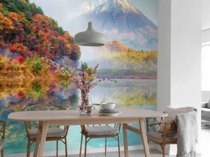 Best Helder blauw meer met een vulkaan op de achtergrond fotobehang Bloemen