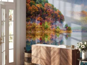 Best Helder blauw meer met een vulkaan op de achtergrond fotobehang Bloemen