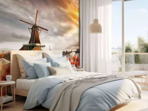Clearance Hollands landschap met molen bij zonsondergang fotobehang Steden | Architectuur