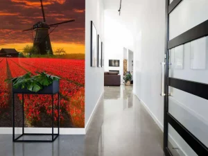 Best Hollands tulpenveld onder een rode lucht fotobehang Steden | Architectuur