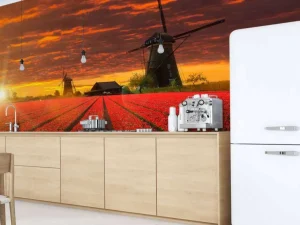 Best Hollands tulpenveld onder een rode lucht fotobehang Steden | Architectuur