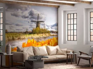 Online Hollandse molen met oranje tulpen op de voorgrond fotobehang Steden | Architectuur