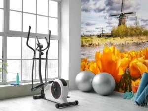 Online Hollandse molen met oranje tulpen op de voorgrond fotobehang Steden | Architectuur