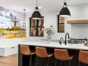Online Hollandse molen met oranje tulpen op de voorgrond fotobehang Steden | Architectuur